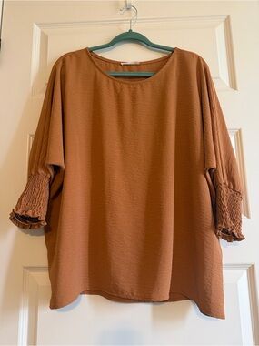 Reborn J Rust Brown Blouse with Smocked Sleeves  NWOT